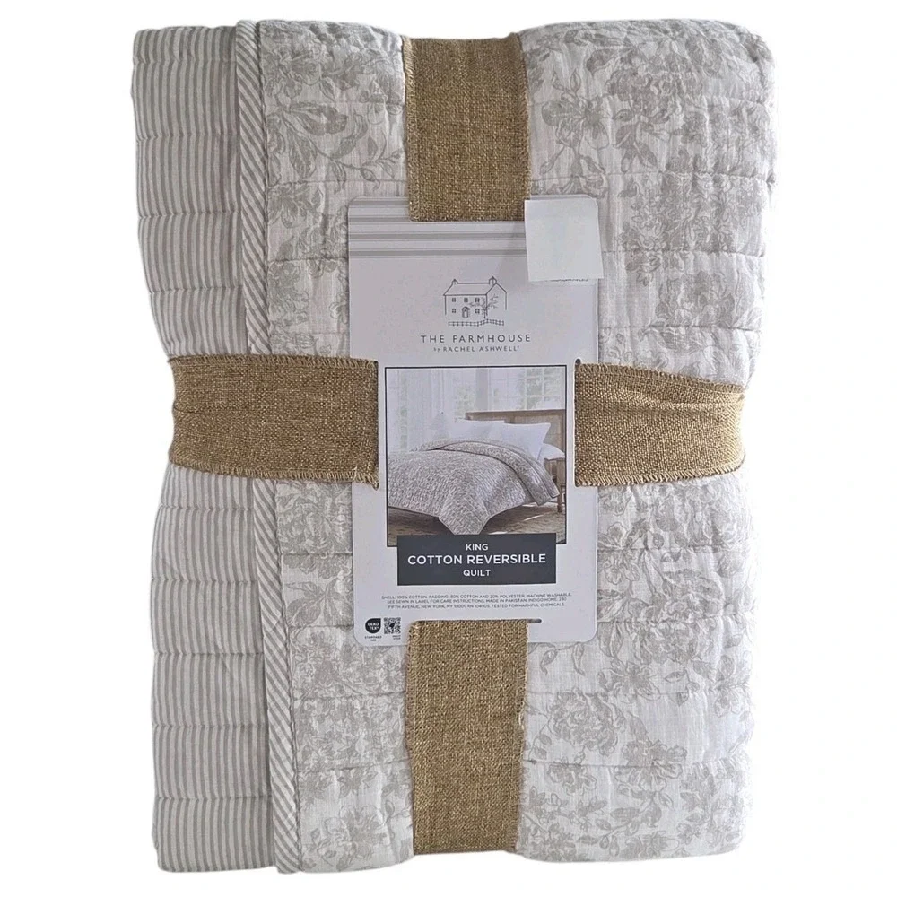 Rachel Ashwell Flax Cotton King Quilt Shabby Chic Reversible Sophia Toile Floral